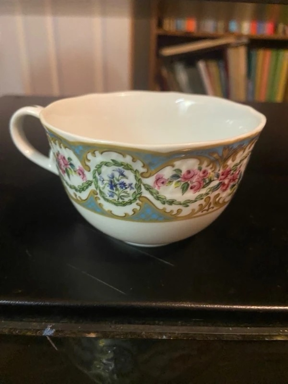 Classic White Porcelain Mug with Pink Rose and Blue Floral Accents